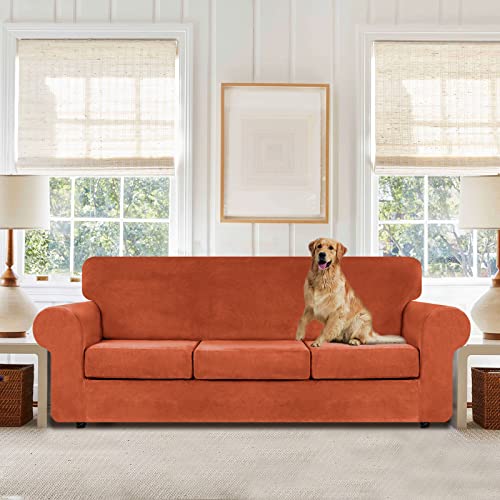 WEERRW 4 Pieces Velvet High Stretch Couch Covers for 3 Cushion Couch Sofa Slipcovers, Washable Furniture Protector with Non Slip Elastic Bottom, Feature Soft and Thick Plush Fabric, Pumpkin, Large - Image 2