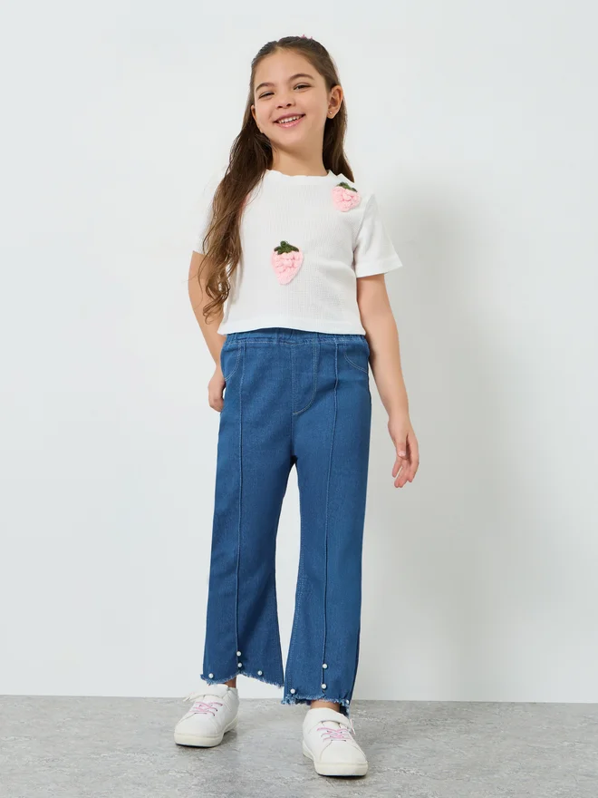 Styli Girls Blue Flare Jeans with Pearl Detail