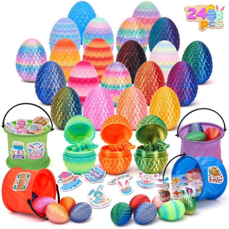 YILCER 24PCS 3D Printed Dragon Eggs Easter Basket Essentials with Buckets & Stickers Prefilled Easter Eggs with Dragon Unique Easter Basket Stuffers Goodie Bag Fillers Gifts for Kids Teens - Image 1