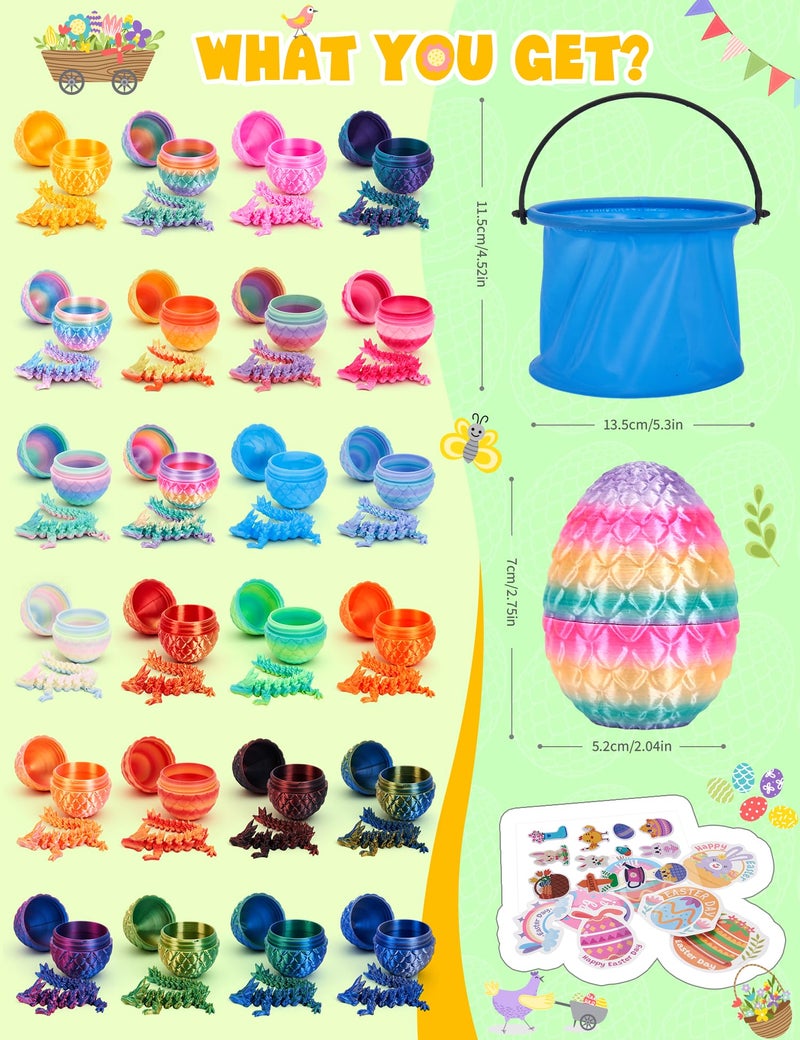 YILCER 24PCS 3D Printed Dragon Eggs Easter Basket Essentials with Buckets & Stickers Prefilled Easter Eggs with Dragon Unique Easter Basket Stuffers Goodie Bag Fillers Gifts for Kids Teens - Image 2