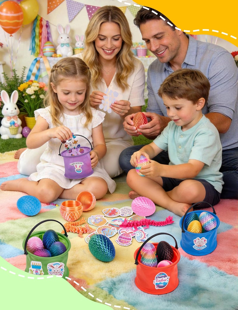 YILCER 24PCS 3D Printed Dragon Eggs Easter Basket Essentials with Buckets & Stickers Prefilled Easter Eggs with Dragon Unique Easter Basket Stuffers Goodie Bag Fillers Gifts for Kids Teens - Image 5
