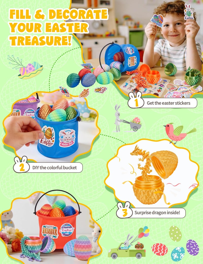 YILCER 24PCS 3D Printed Dragon Eggs Easter Basket Essentials with Buckets & Stickers Prefilled Easter Eggs with Dragon Unique Easter Basket Stuffers Goodie Bag Fillers Gifts for Kids Teens - Image 3