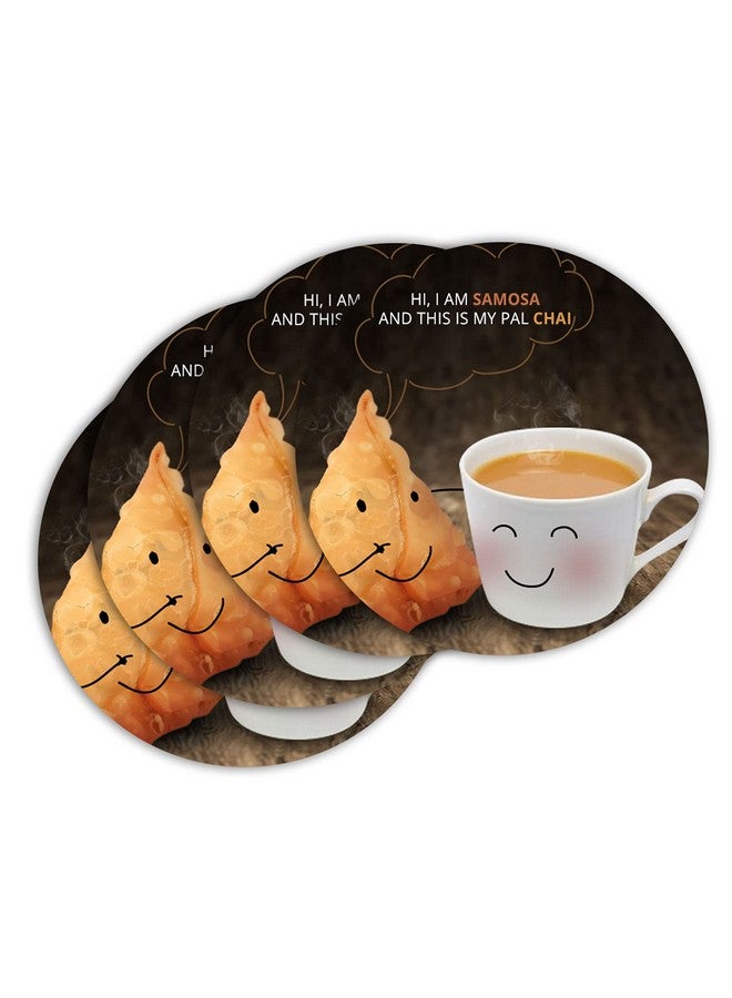 ASHVAH Hi, I am samosa and This is My pal chai Print/Typography Tea/Coffee Mug/Designer Handmade Wooden Coaster Set for Home Kitchen, Office Desk - Set of 4 - Round: 10cm - Image 2