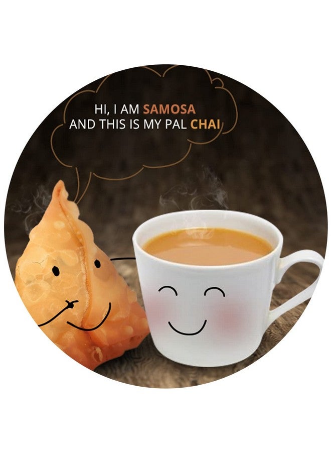 ASHVAH Hi, I am samosa and This is My pal chai Print/Typography Tea/Coffee Mug/Designer Handmade Wooden Coaster Set for Home Kitchen, Office Desk - Set of 4 - Round: 10cm - Image 3