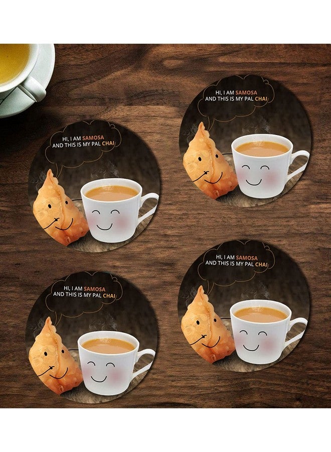 ASHVAH Hi, I am samosa and This is My pal chai Print/Typography Tea/Coffee Mug/Designer Handmade Wooden Coaster Set for Home Kitchen, Office Desk - Set of 4 - Round: 10cm - Image 1