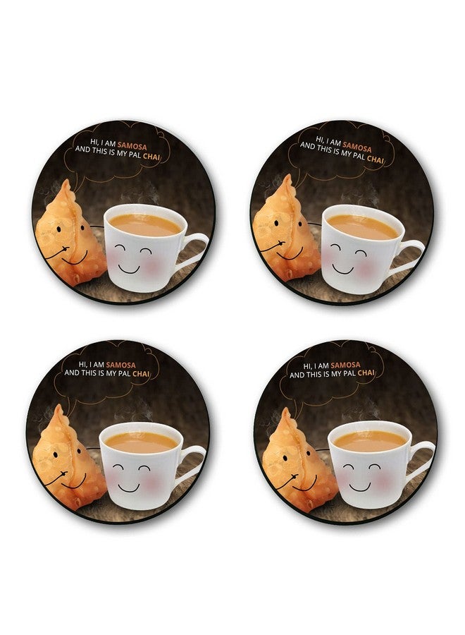 ASHVAH Hi, I am samosa and This is My pal chai Print/Typography Tea/Coffee Mug/Designer Handmade Wooden Coaster Set for Home Kitchen, Office Desk - Set of 4 - Round: 10cm - Image 4