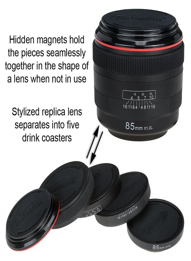 Fotodiox CraftMaster LenzCoaster - Premium Quality Camera Lens Replica that doubles as set of 5 drink coasters with silicone padding; Black with Black Interior - Image 2
