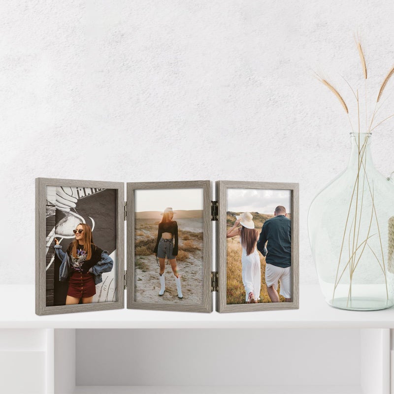 Space Art Deco 4 × 6 إطارات ثلاثية المفصلية 3 إطار صورة قابلة للطي ثلاثية صورة إطار الصورة رأسياً على سطح المكتب أو الطاولة اللون الرمادي الرمادي - Image 3