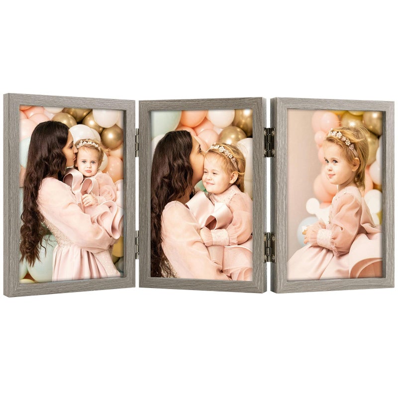 Space Art Deco 4 × 6 إطارات ثلاثية المفصلية 3 إطار صورة قابلة للطي ثلاثية صورة إطار الصورة رأسياً على سطح المكتب أو الطاولة اللون الرمادي الرمادي - Image 1