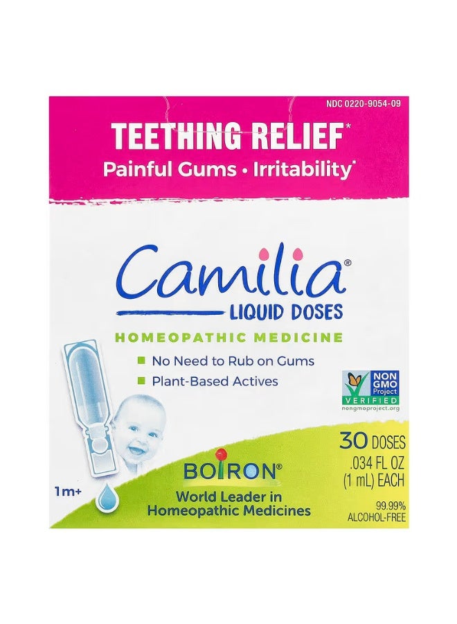 Boiron Camilia, Infant Teething Pain Reliever, 30 Doses. Teething drops for sore and irritable gums. Benzocaine and preservative-free, sterile oral liquid doses, natural active ingredient.