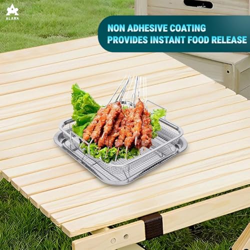 Alark Air Fryer Basket for Oven 2 Pieces Set Square Silver Non-Stick Stainless Steel Mesh Grill Roasting Rack with Crisper Tray for Baking Fried Chicken for Convection Oven Air Fryer Dishwasher Safe - Image 4