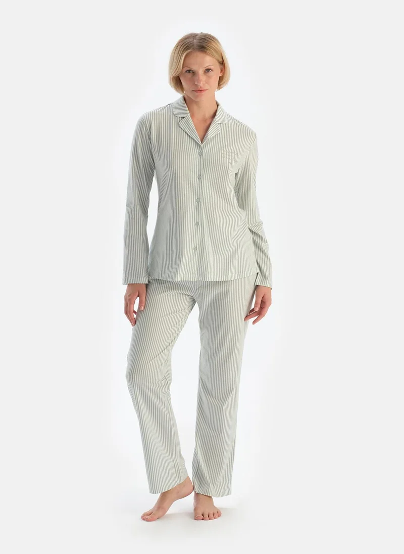 dagi Striped Shirt & Trousers Pajama Set Spread Collar Supreme Mid Rise Sleepwear