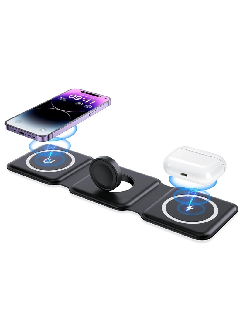 3 in 1 Wireless Charger Foldable Pad, 15W Fast Magnetic All in One Travel Charging Station with Magsafe for iPhone 16/15/14/13/12/ Series for iWatch 8 7 6 5 4 3 2 SE, and Airbuds - Image 1