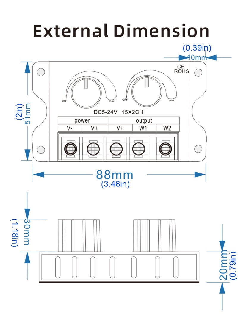 سيوسي DC 5V-24V 30A LED مقبض مزدوج باهتة، وحدة تحكم بتعتيم PWM، باهتة درجة حرارة اللون المزدوج مع مفاتيح إيقاف التشغيل، قابلة للتعديل لـ CCT وقناة واحدة 5050 3528 شرائط إضاءة، التحكم في السطوع  - Image 3
