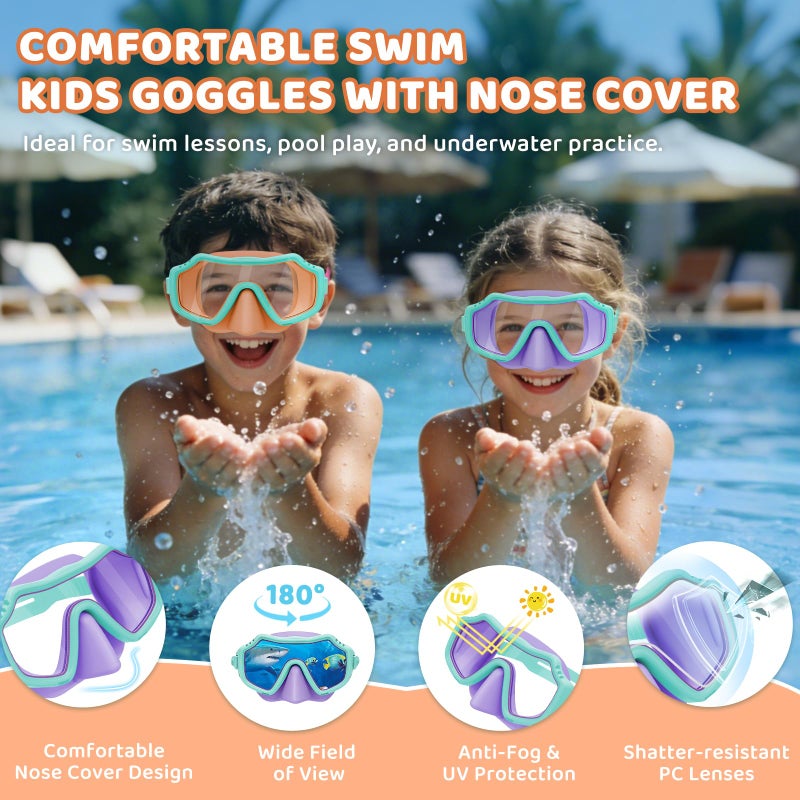 Vvinca 2 Pack Kids Swim Goggles with Nose Cover for Boys Girls 3-15, Anti Fog Diving Mask with Shatterproof Safety Lens for Toddler, Waterproof Swimming Goggles Value Set for Beach & Pool Beach - Image 2