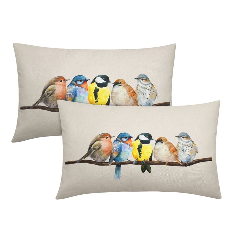 aportt Oil Painted Bird Lumbar Pillow Covers 12X20 Inch Rustic Birds Tree Branches Rectangular Cases Wildlife Spring Summer Oblong Throw Pillows Set of 2 Home Decor For Room Couch Bed Sofa Outdoor