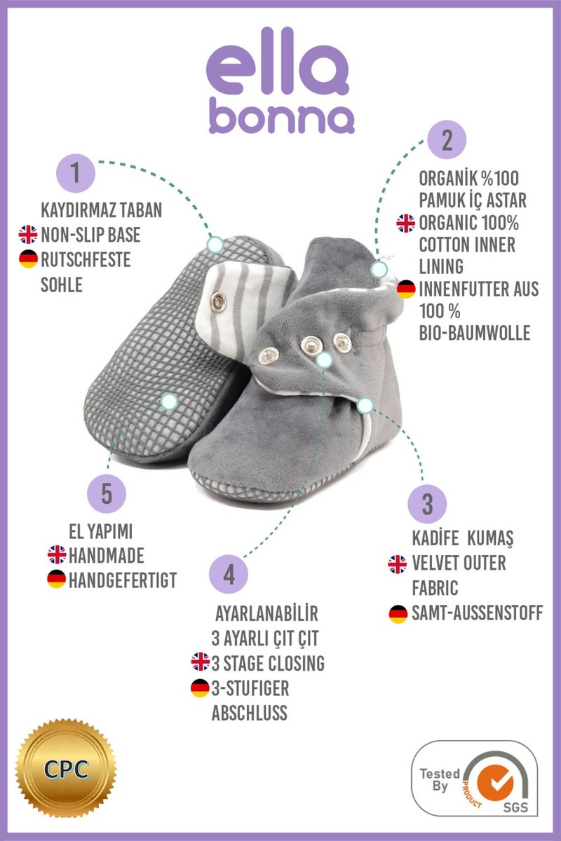 Ella Bonna Velvet Baby Slippers, Non-Slip Sole Home Boots, Nursery Shoes, Organic Cotton Booties, Gray  - Image 4