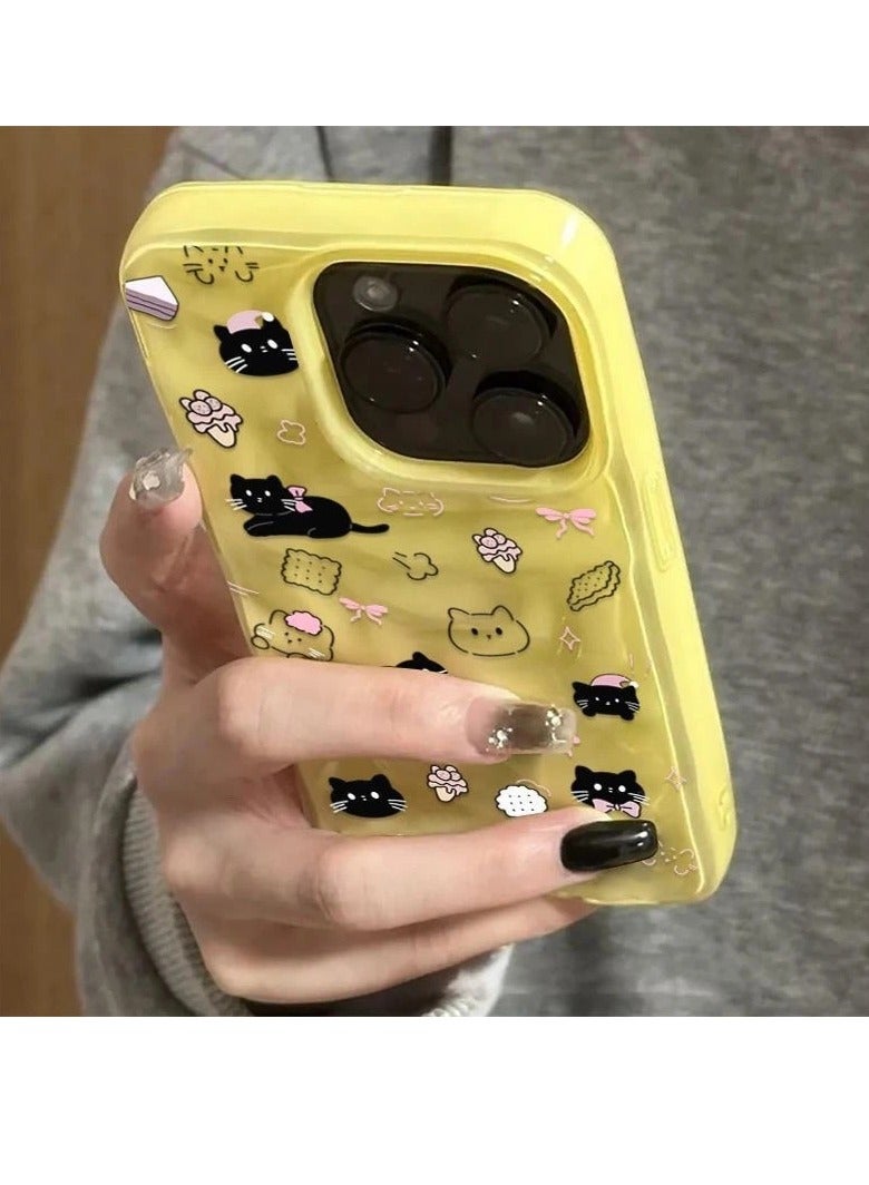 NIBEMINENT Cute Black Cat Protective TPU Case Cover For IPhone 15 Plus, Yellow
