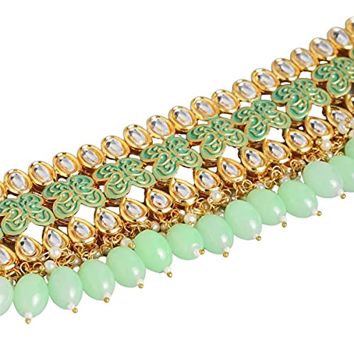 ACCESSHER Gold toned Kundan and mint green enamel Jewellery set embellished with pearls and beads for women| Gifting for Karwachauth | - Image 3