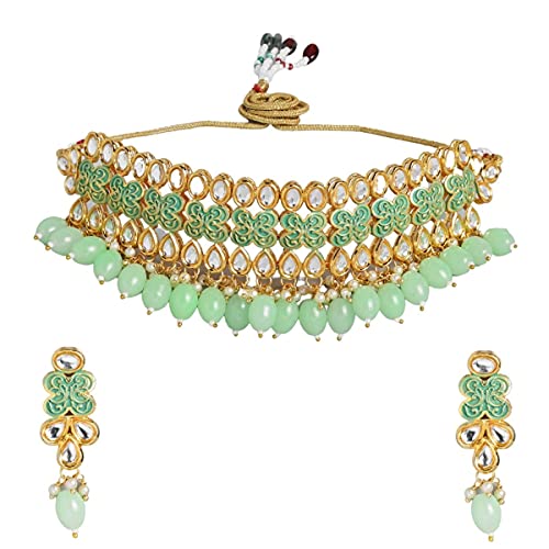 ACCESSHER Gold toned Kundan and mint green enamel Jewellery set embellished with pearls and beads for women| Gifting for Karwachauth | - Image 1
