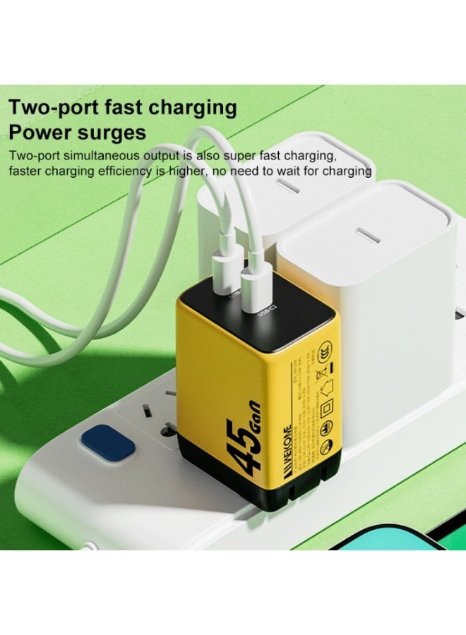 WEKOME WK WP-U33 45W USB-C / Type-Cx2 GaN Fast Charger - Yellow - UK Plug - Image 2