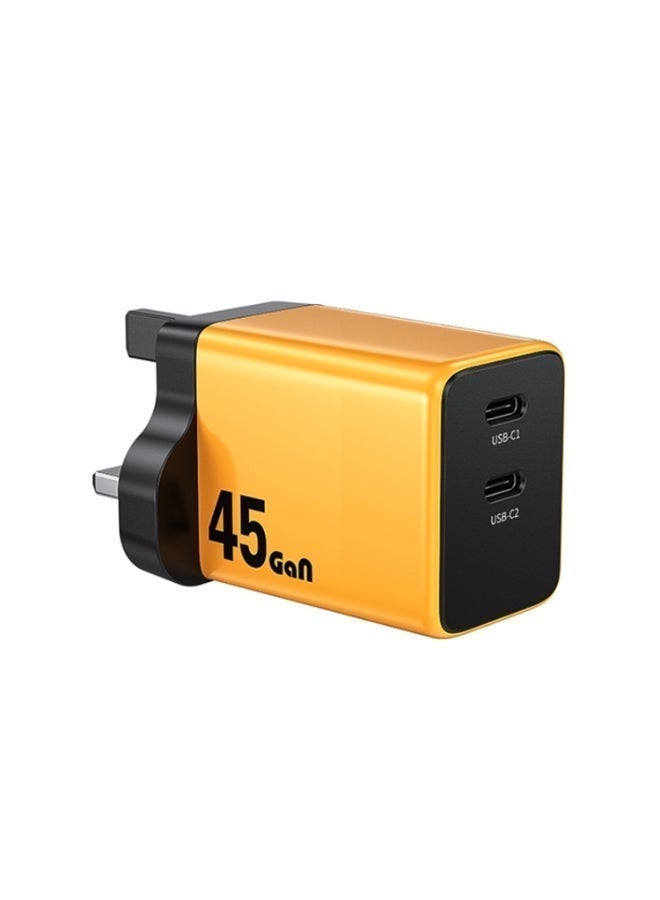 WEKOME WK WP-U33 45W USB-C / Type-Cx2 GaN Fast Charger - Yellow - UK Plug - Image 1