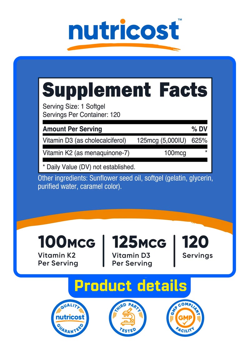 Nutricost Vitamin K2 + Vitamin D3, 120 Softgels - Image 2