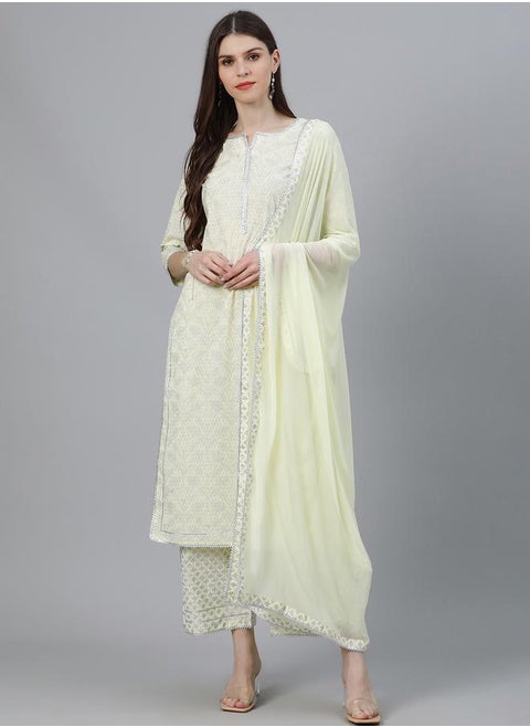 All-Over Print Straight Kurta and Palazzo with Solid Dupatta Set by Styli
