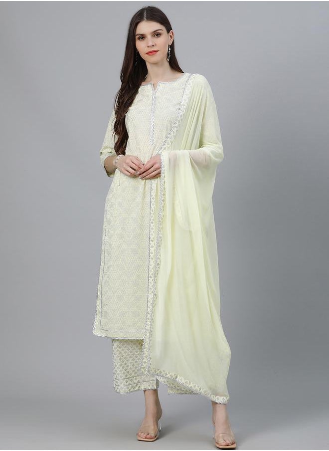 Libas All-Over Print Straight Kurta and Palazzo with Solid Dupatta Set by Styli  - Image 1