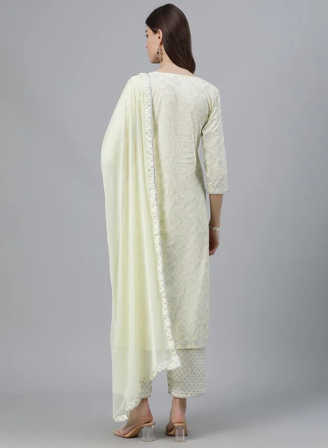 Libas All-Over Print Straight Kurta and Palazzo with Solid Dupatta Set by Styli