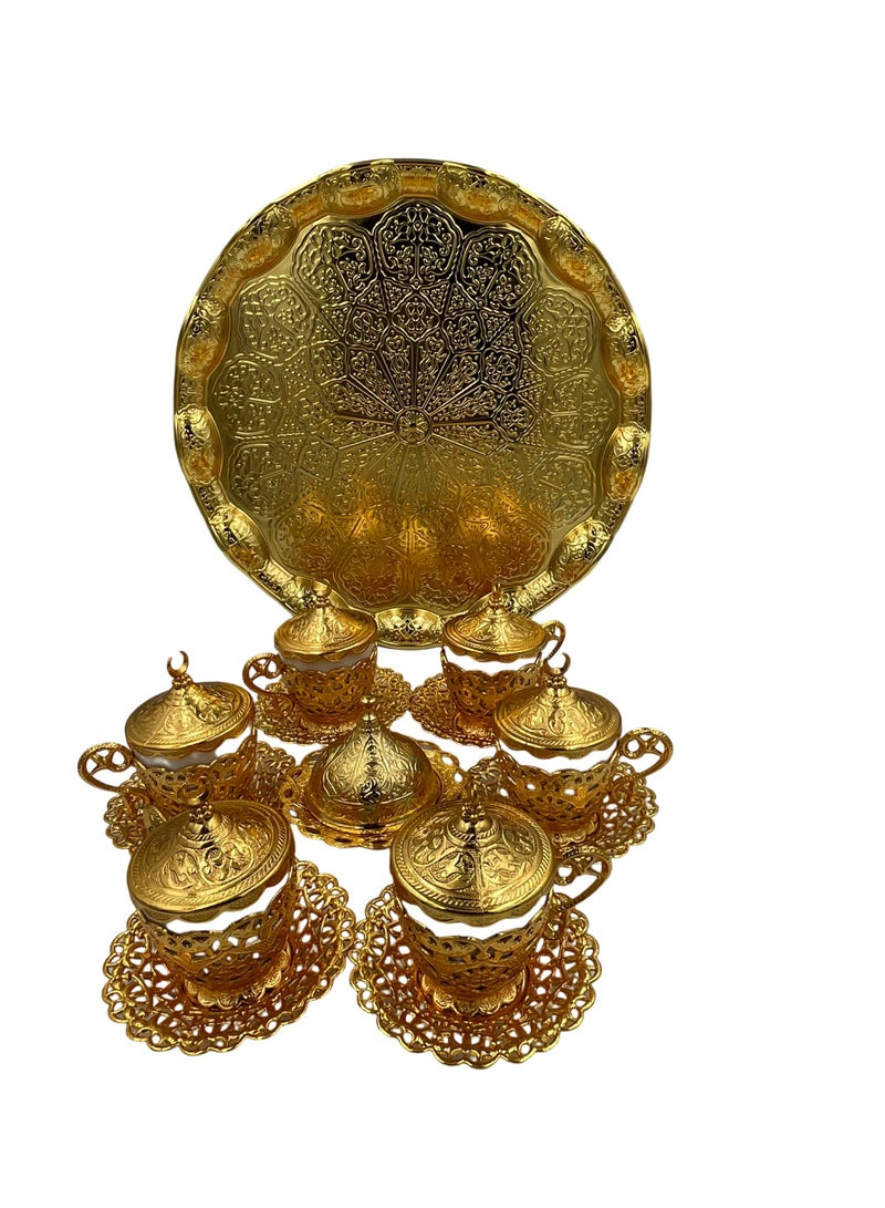 أكار طقم قهوة تركية فاخر لـ 6 أشخاص بالتراث العثماني الأنيق مع صحون، حوامل، أغطية فناجين، صينية وطبق مغطى للحلويات – باللون الذهبي الساحر – صناعة تركية - Image 5