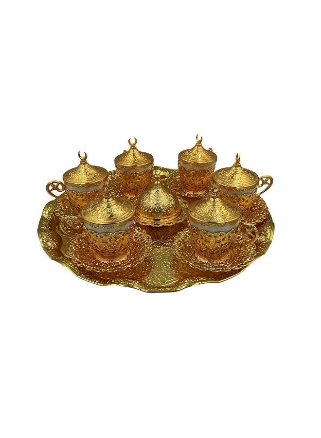 Acar Luxury 6-Person Turkish Coffee Set in Elegant Ottoman Style with Saucers, Holders, Cup Covers, Tray & Covered Sweet Dish – Magical Gold Finish – Made in Turkey - Image 4