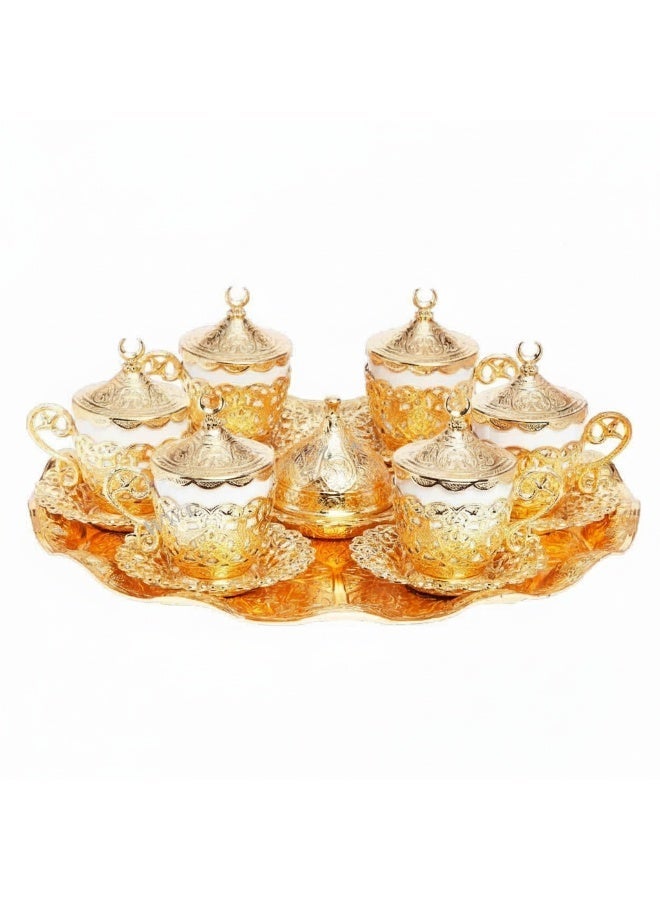 Acar Luxury 6-Person Turkish Coffee Set in Elegant Ottoman Style with Saucers, Holders, Cup Covers, Tray & Covered Sweet Dish – Magical Gold Finish – Made in Turkey - Image 5