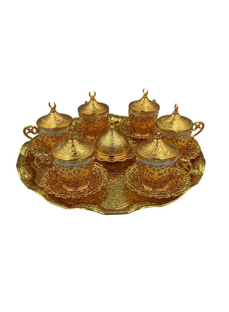 Acar Luxury 6-Person Turkish Coffee Set in Elegant Ottoman Style with Saucers, Holders, Cup Covers, Tray & Covered Sweet Dish – Magical Gold Finish – Made in Turkey - Image 2