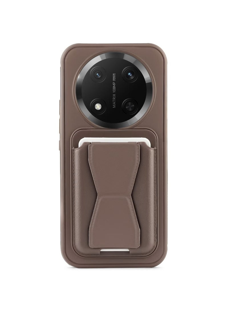 Leather back cover with card wallet Foldable Shockpoof Case compatible with honor X9c (Dark Brown) 
