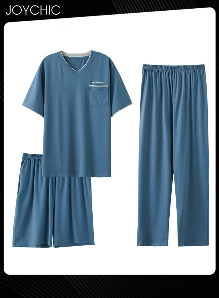 Joychic 3-piece Classic Spring and Autumn Pajamas Set for Men Modal Skin-friendly Short-sleeved Trousers Sleepwear Cotton Silk V Neck Home Clothes with Pockets Blue - Image 1