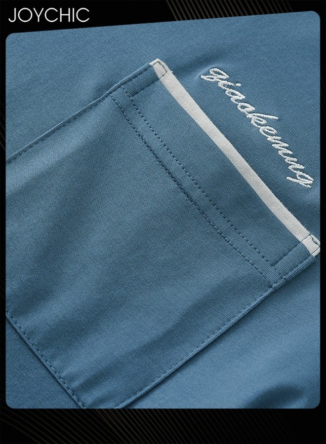 Joychic 3-piece Classic Spring and Autumn Pajamas Set for Men Modal Skin-friendly Short-sleeved Trousers Sleepwear Cotton Silk V Neck Home Clothes with Pockets Blue - Image 2