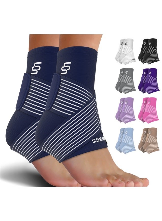 SS SLEEVE STARS Brace for Women And Men, Plantar Fasciitis Relief for Ankle Compression Sleeve With Ankle Support Strap, Heel Wrap for Heel Pain - Pair Navy Blue  - Image 1