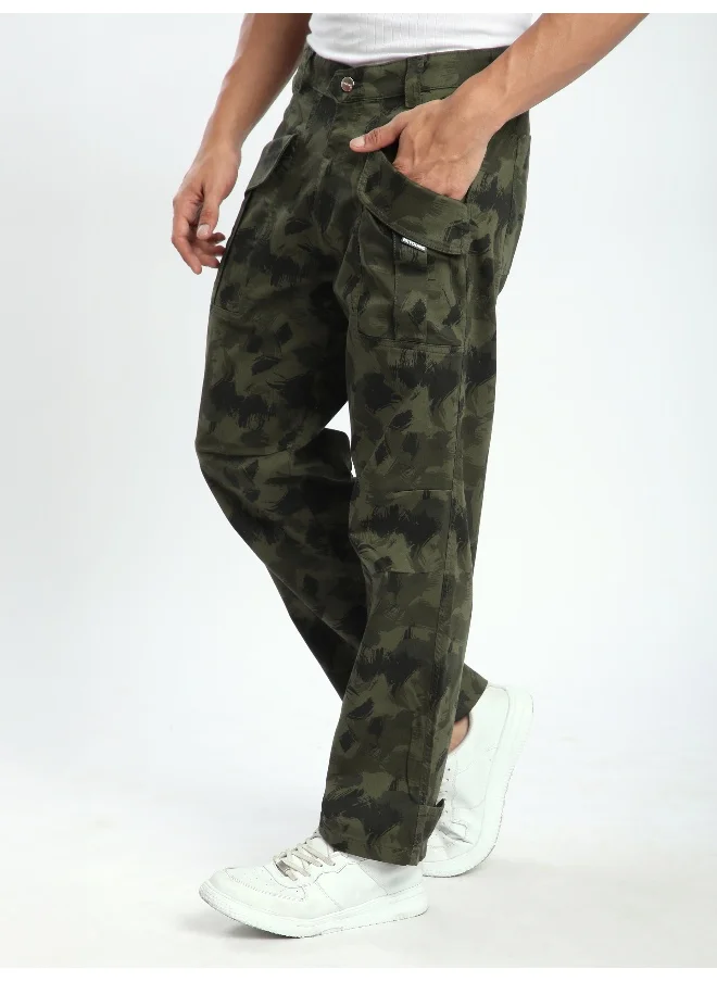 Beyoung Green Pleated Knee Camo Cargo Pants