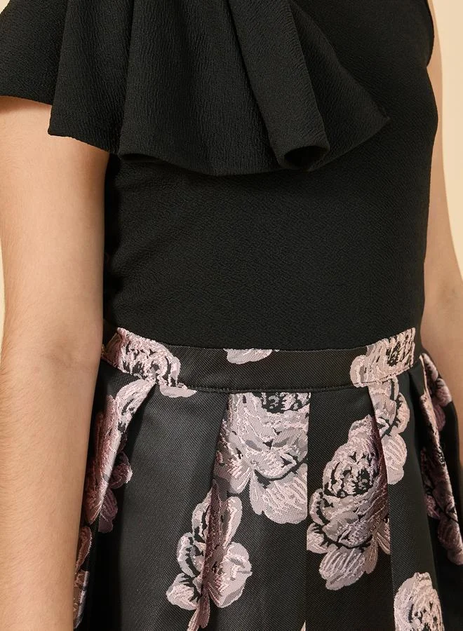 Styli Floral Jacquard High Neck Pleated Dress