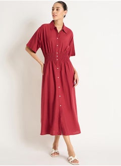 Femmella Solid Cinched Waist Shirt Midi Dress by Styli  - Image 1