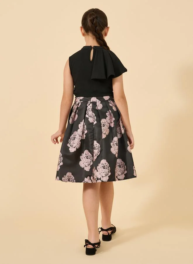 Styli Floral Jacquard High Neck Pleated Dress