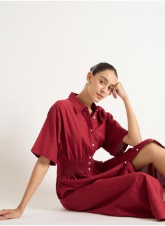 Femmella Solid Cinched Waist Shirt Midi Dress by Styli  - Image 2