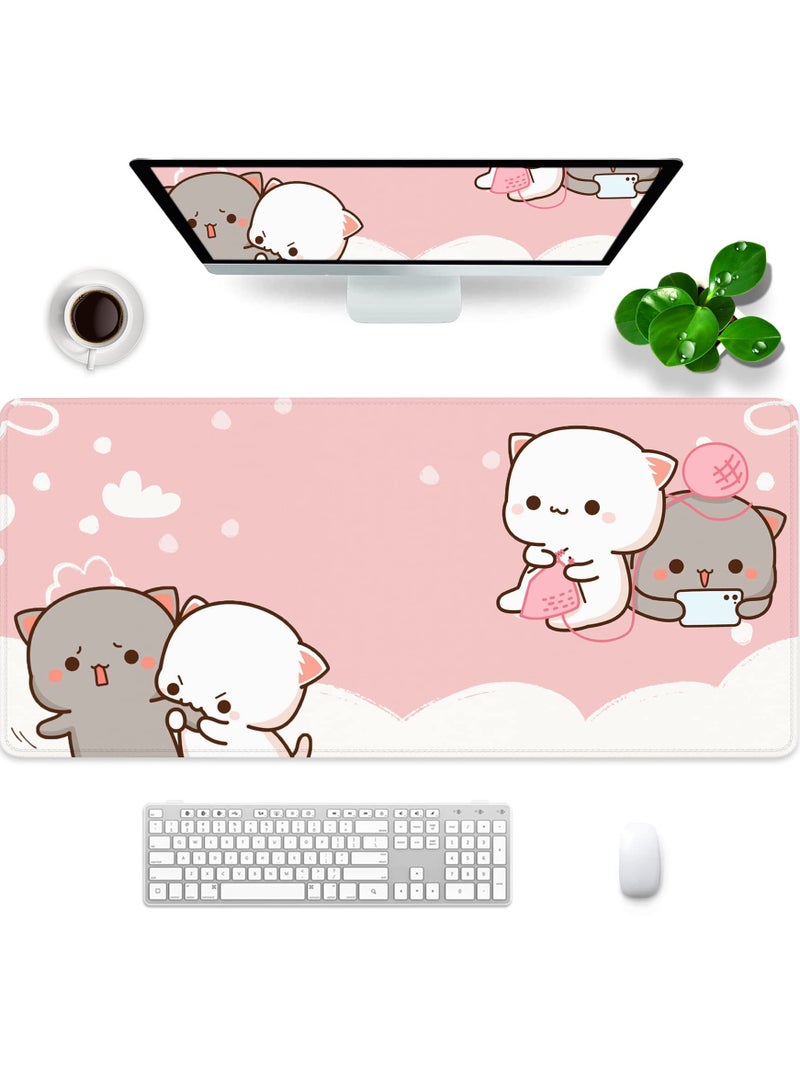 Green Tiger Pink Mouse Pad Cat XXL Kawaii Gaming Mouse Pad Animal Theme 35x15.7x0.12 inch Women Large Mouse Pad for Desk with Personalized Design for Laptop, Computer PC (Pink Cat -2) - Image 1