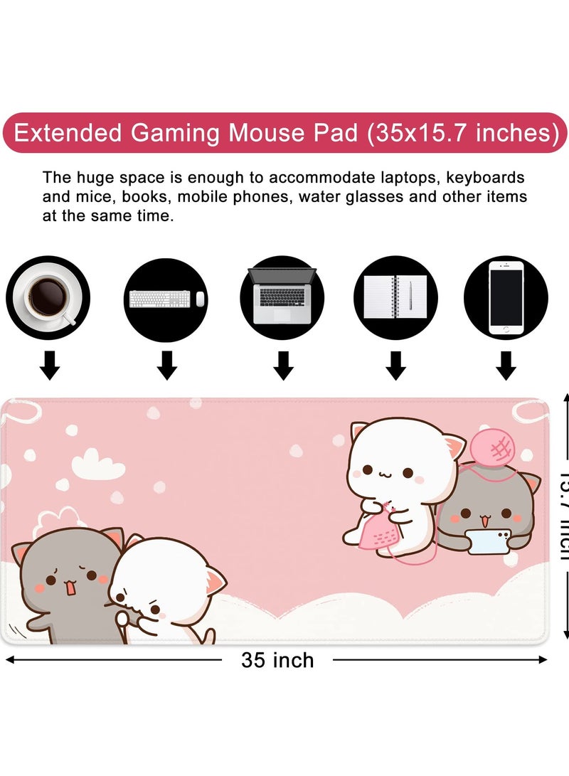 Green Tiger Pink Mouse Pad Cat XXL Kawaii Gaming Mouse Pad Animal Theme 35x15.7x0.12 inch Women Large Mouse Pad for Desk with Personalized Design for Laptop, Computer PC (Pink Cat -2) - Image 3