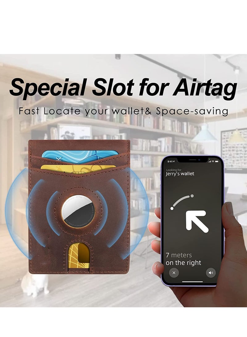 SOLARAE Men's Leather Wallet with AirTag Holder, Slim Minimalist Front Pocket Wallet for AirTag RFID Blocking Wallet Antique Brown, MINI, Classic - Image 2