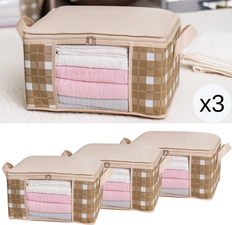 Nacarev 3 Pieces Small Size Window Square Patterned Plaid Gray Wardrobe Plinth Under Suitcase Organizer Bag Set 40X30X20 cm