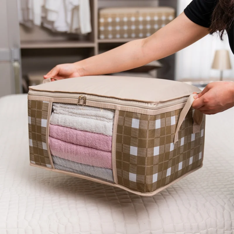 Nacarev 3 Pieces Small Size Window Square Patterned Plaid Gray Wardrobe Plinth Under Suitcase Organizer Bag Set 40X30X20 cm