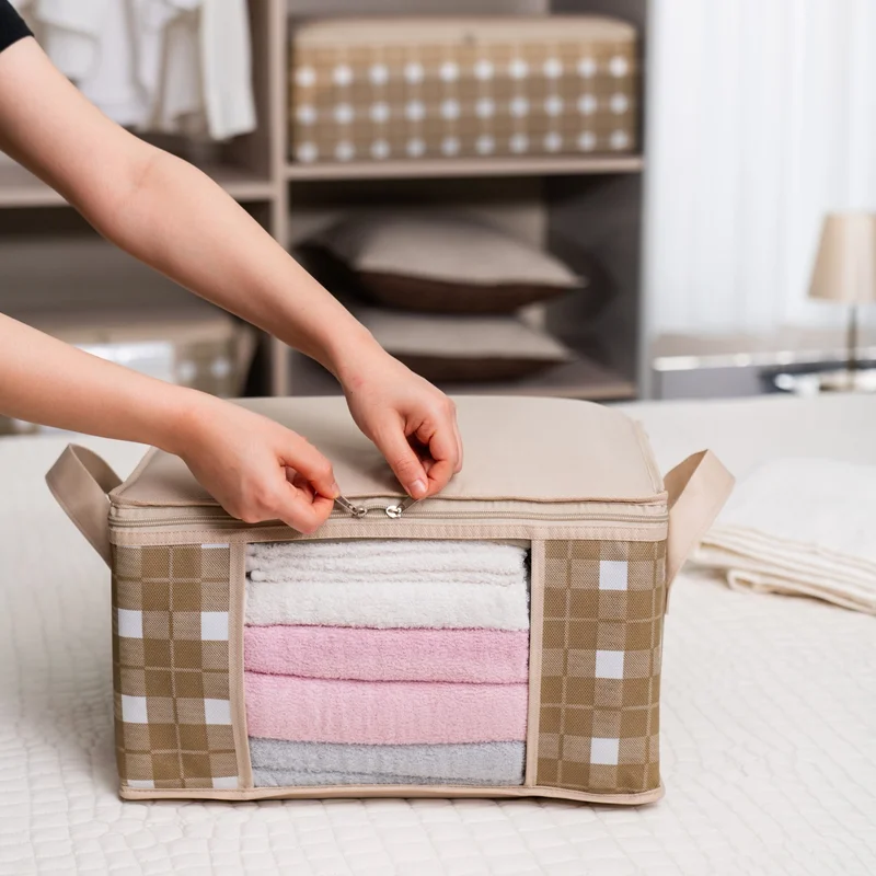 Nacarev 3 Pieces Small Size Window Square Patterned Plaid Gray Wardrobe Plinth Under Suitcase Organizer Bag Set 40X30X20 cm