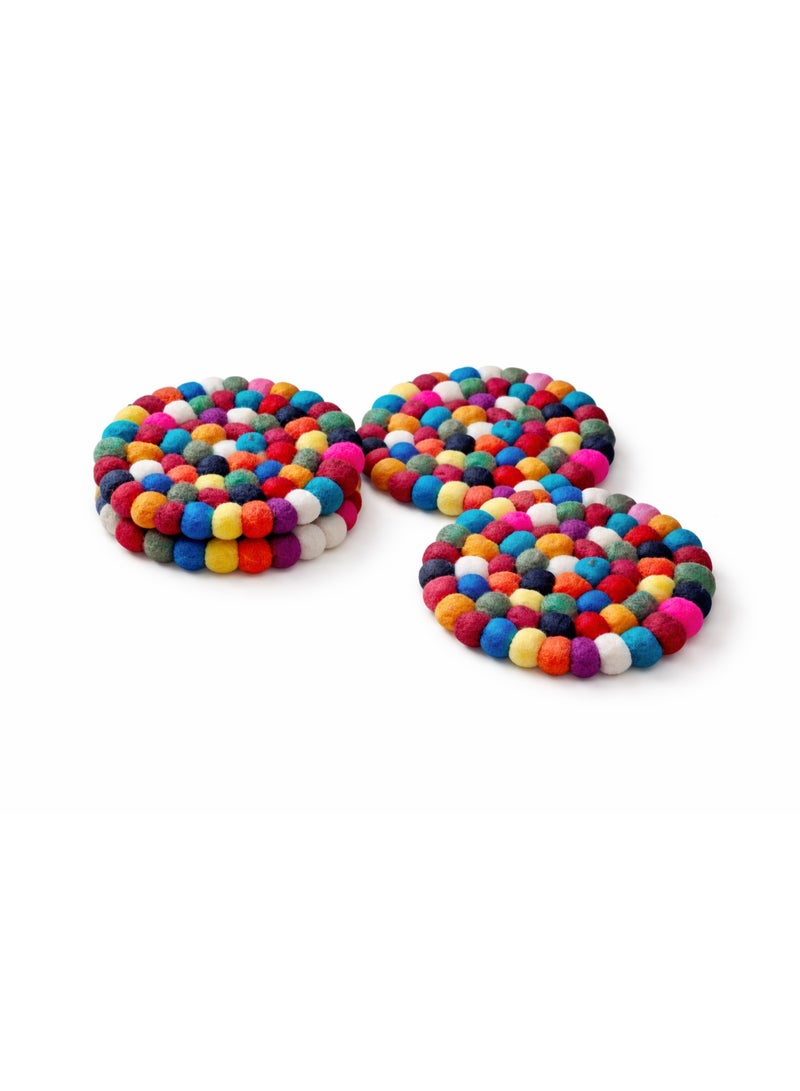Handmade Felt Ball Coasters – Handmade Colorful Round Table Mats, 10 cm, Pack of 4 - Image 2